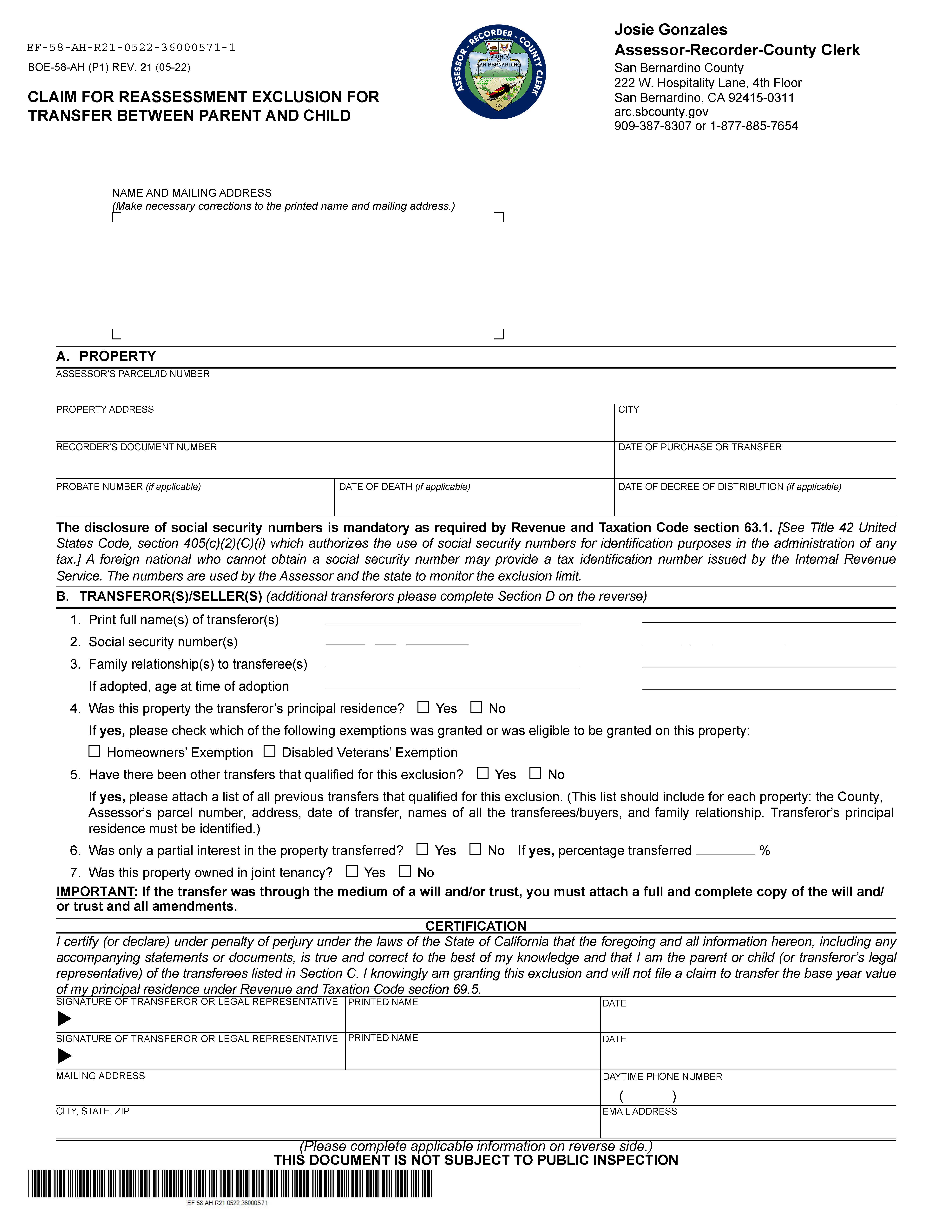 Claim For Reassessment Exclusion For Transfer Between Parent And Child (Before 02-16-21) (San Bernardino) {BOE-58-AH} | Pdf Fpdf Docx | California