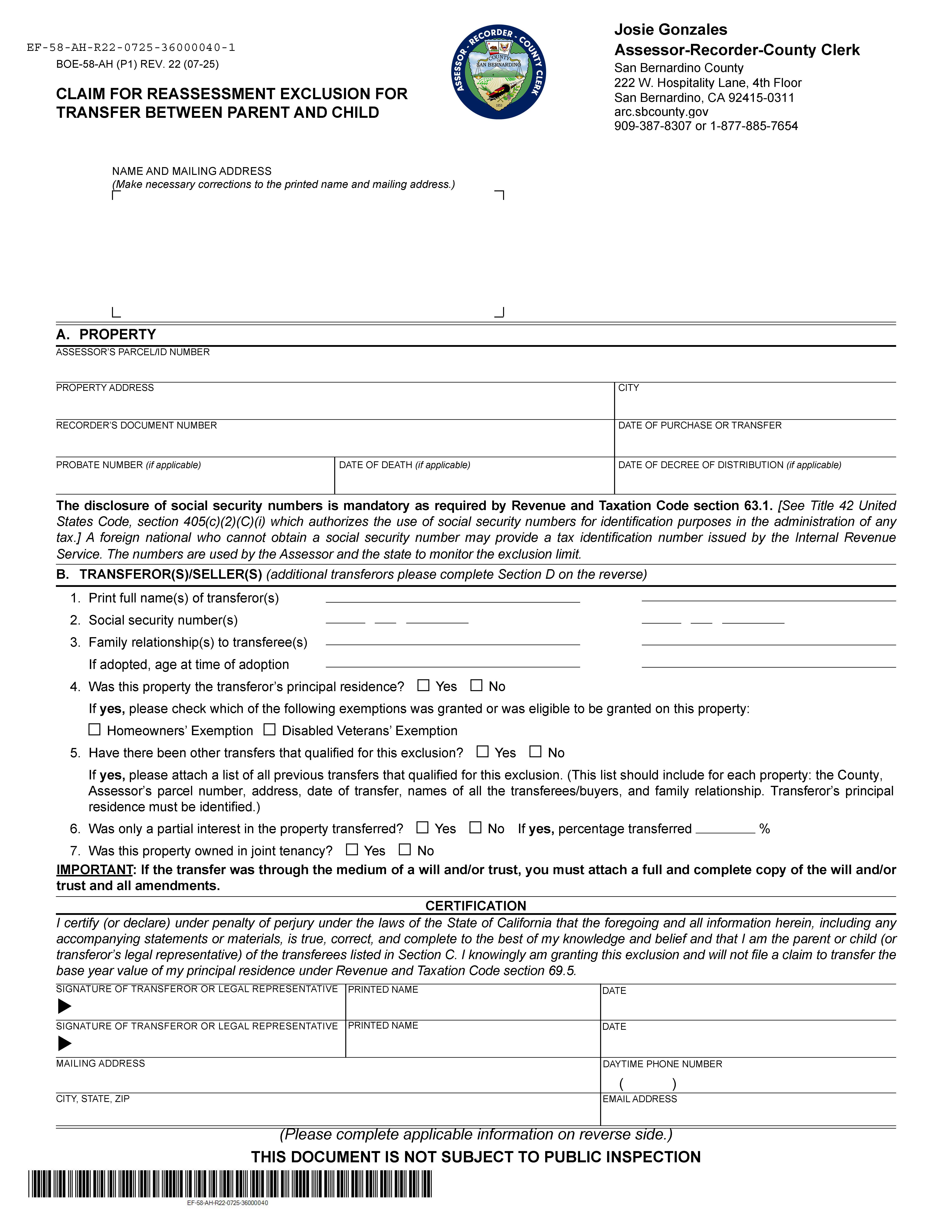 Claim For Reassessment Exclusion For Transfer Between Parent And Child (Before 02-16-21) (San Bernardino) {BOE-58-AH} | Pdf Fpdf Docx | California