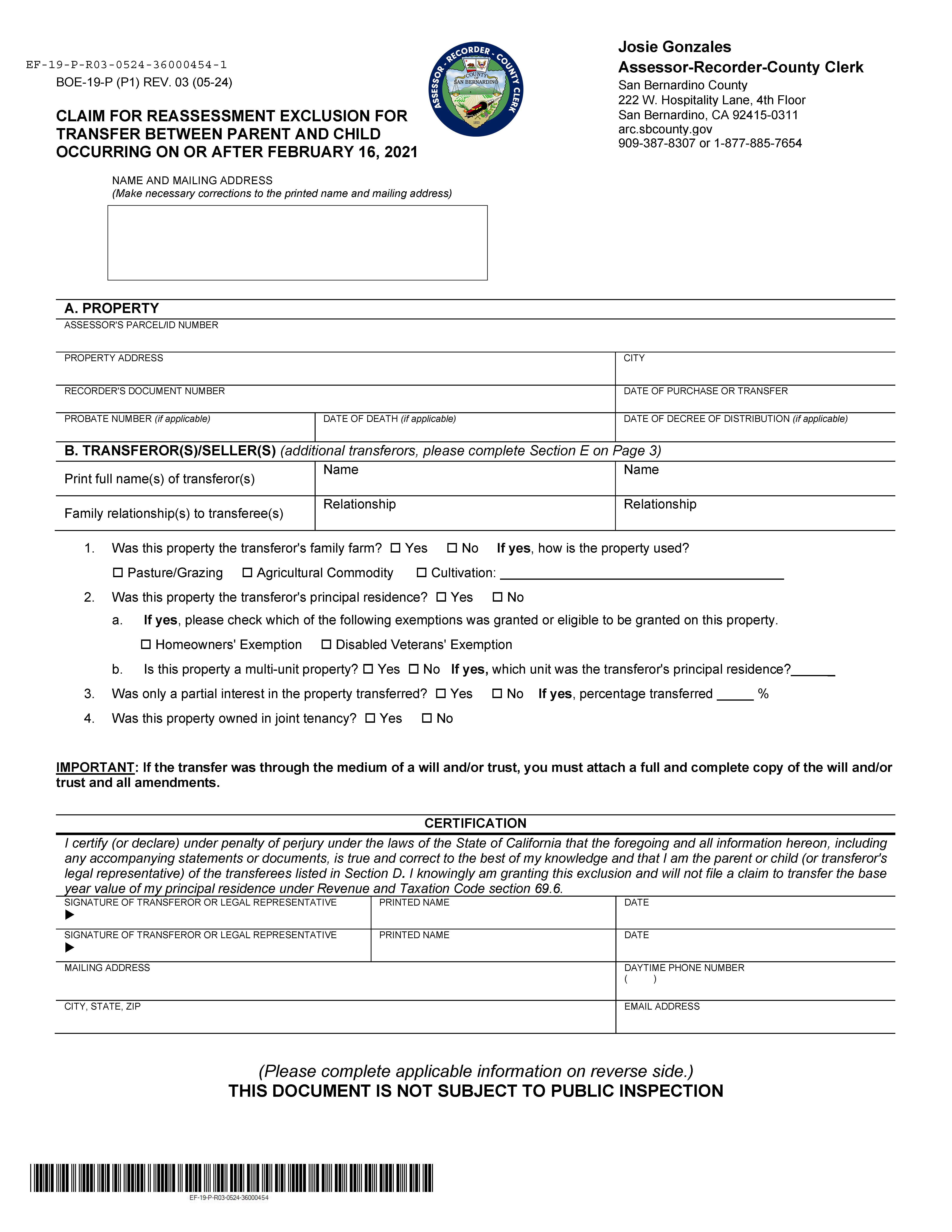 Claim For Reassessment Exclusion For Transfer Between Parent And Child (San Bernardino) {BOE-19-P} | Pdf Fpdf Docx | California