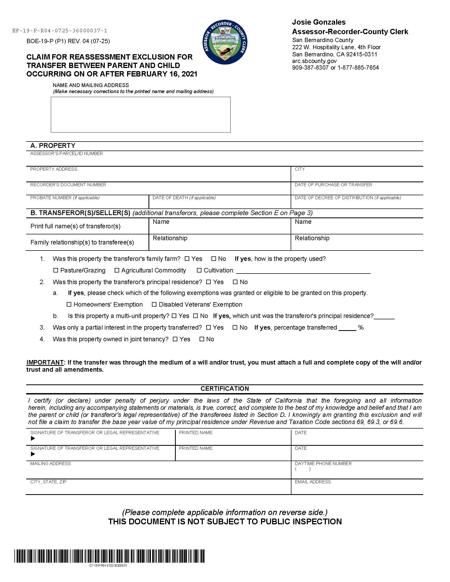 Claim For Reassessment Exclusion For Transfer Between Parent And Child (San Bernardino) {BOE-19-P} | Pdf Fpdf Docx | California