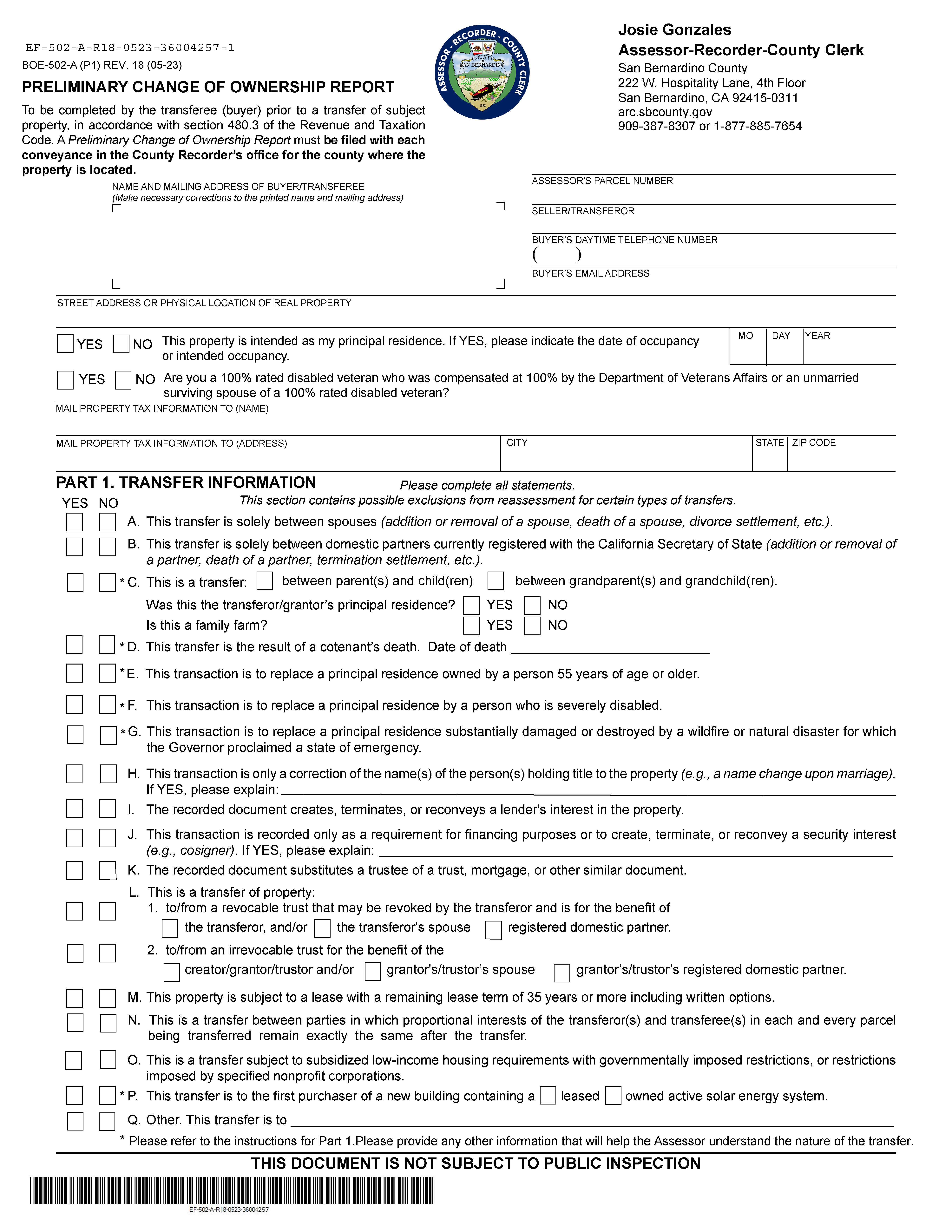 Preliminary Change Of Ownership Report (San Bernardino) {BOE-502-A} | Pdf Fpdf Doc Docx | California