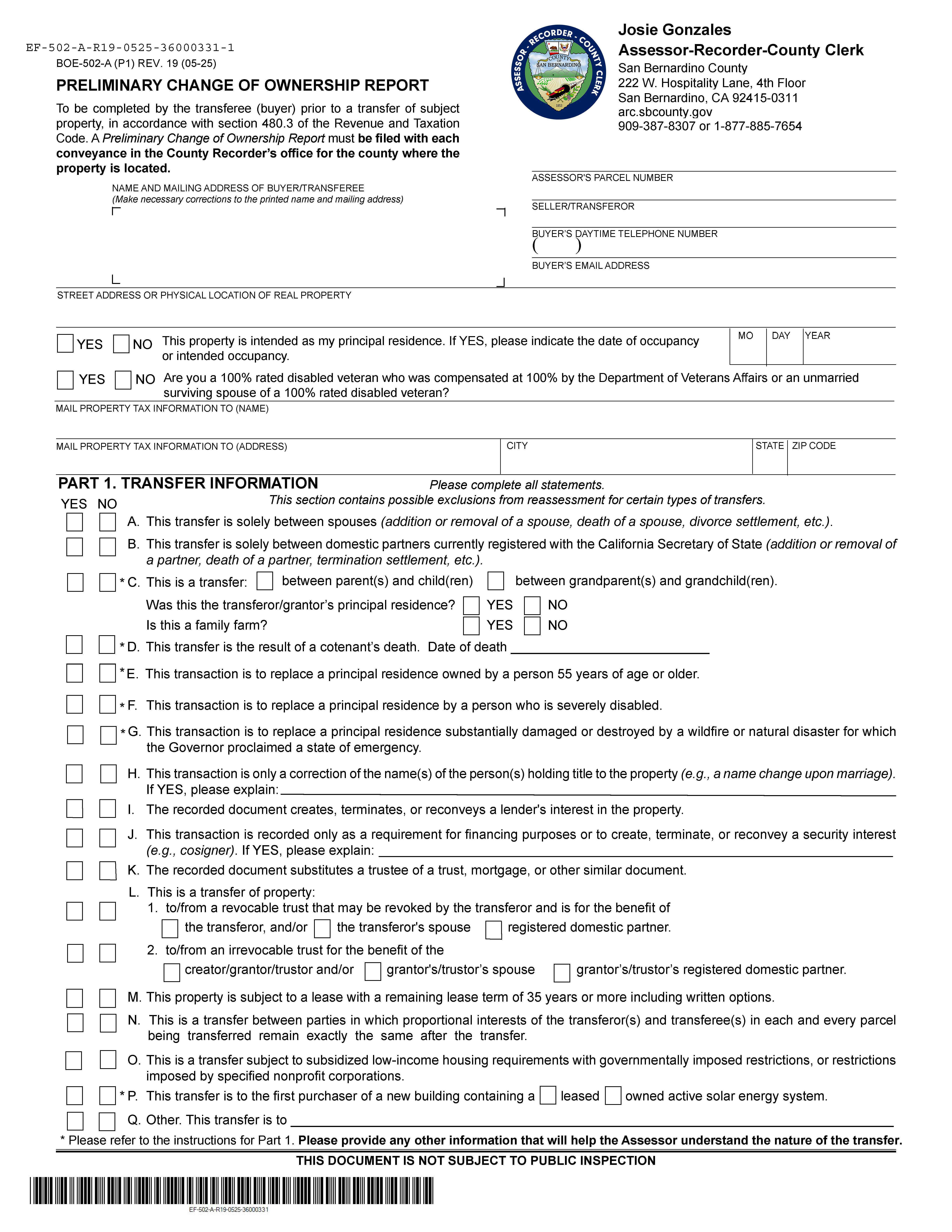Preliminary Change Of Ownership Report (San Bernardino) {BOE-502-A} | Pdf Fpdf Doc Docx | California