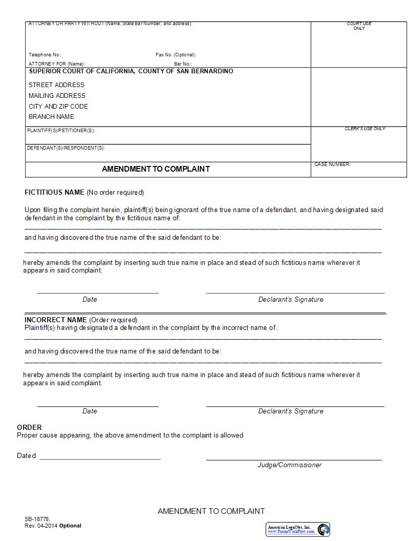 Amendment To Complaint {SB-16778} | Pdf Fpdf Docx | California