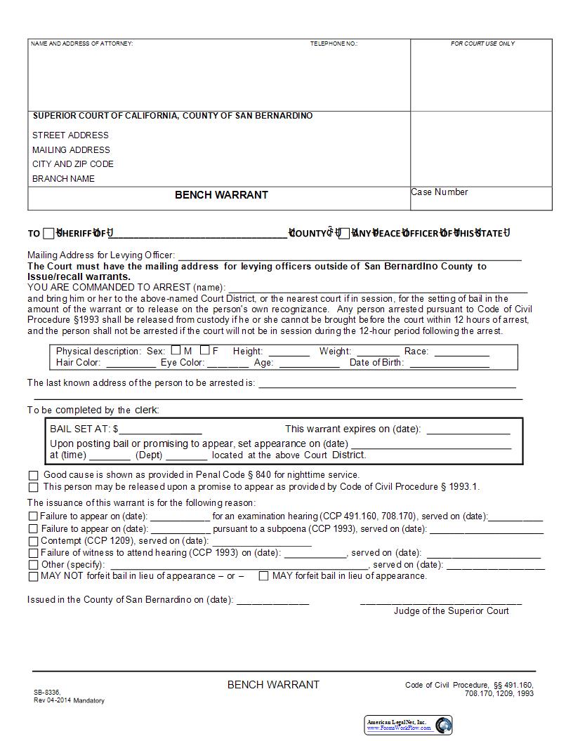 Bench Warrant (Civil) {SB-8336} | Pdf Fpdf Docx | California