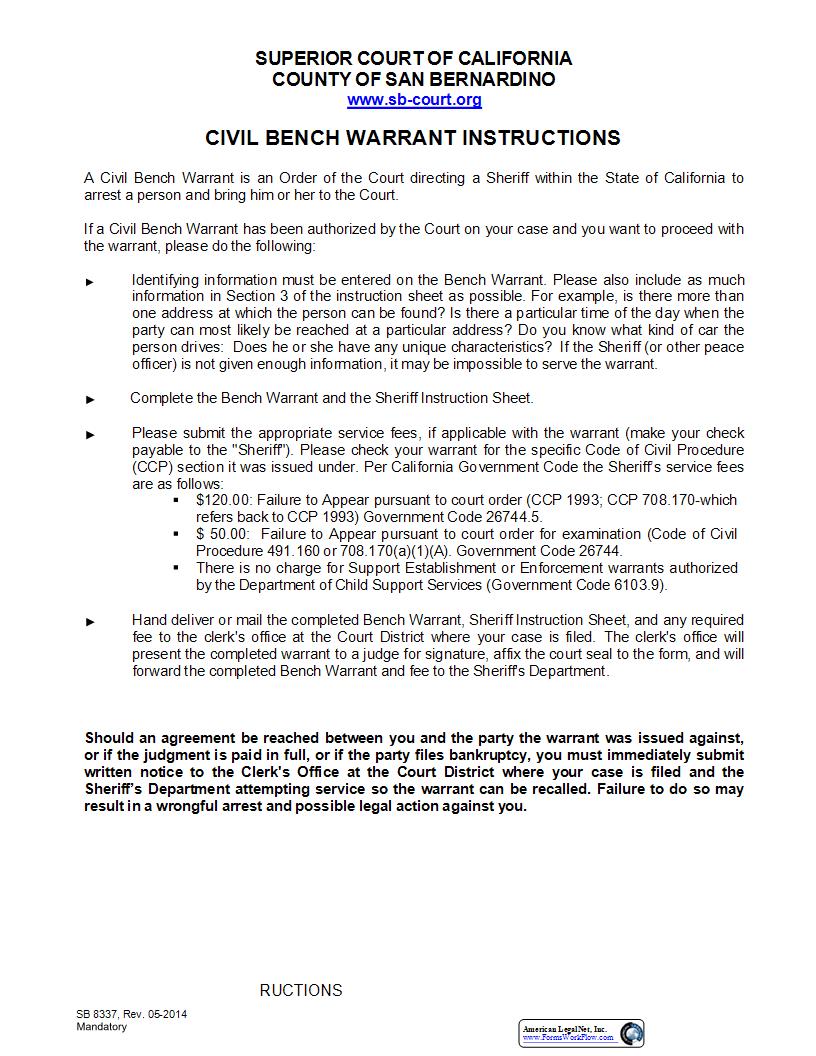 Civil Bench Warrant Instructions {SB-8337} | Pdf Fpdf Docx | California