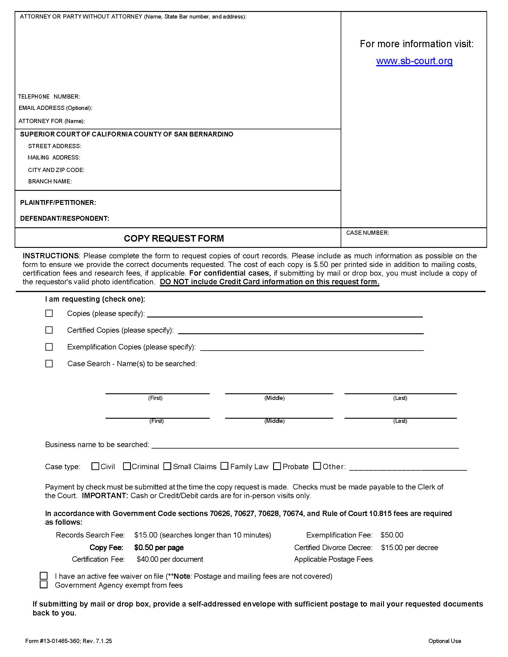 Civil Copy Request Form {13-01465-360} | Pdf Fpdf Docx | California