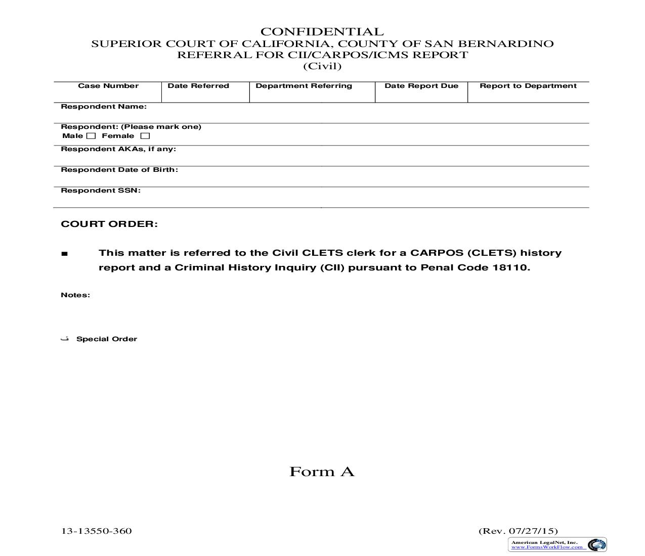 Confidential Referral For CII-Carpos-ICMS Report Civil Form A {13-13550-360} | Pdf Fpdf Doc Docx | California