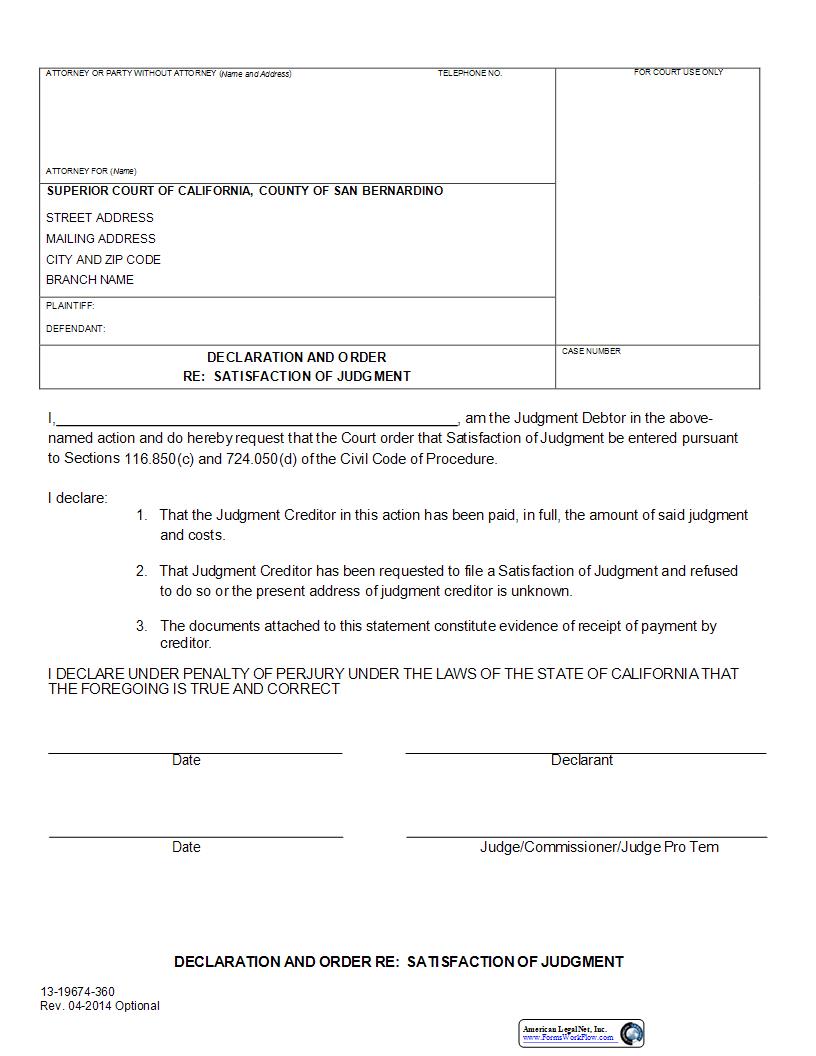 Declaration And Order Re Satisfaction Of Judgment {13-19674-360} | Pdf Fpdf Docx | California