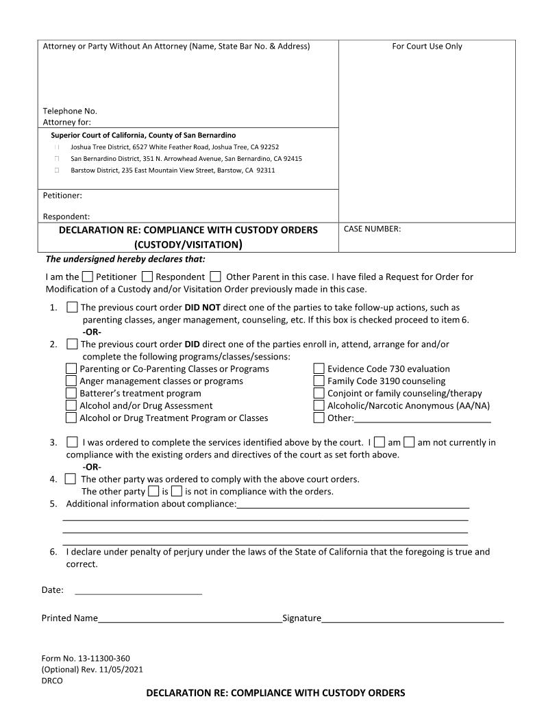 Declaration Re Compliance With Custody Orders {13-11300-360} | Pdf Fpdf Doc Docx | California