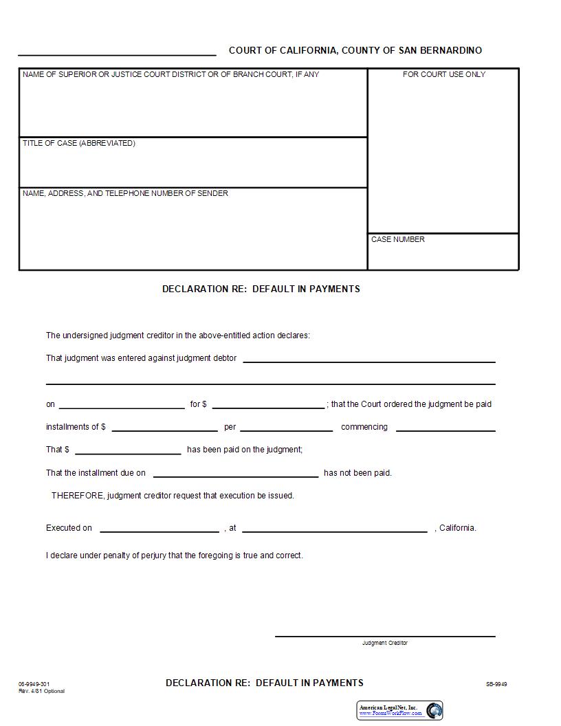 Declaration Re Default In Payments {SB-9949} | Pdf Fpdf Docx | California