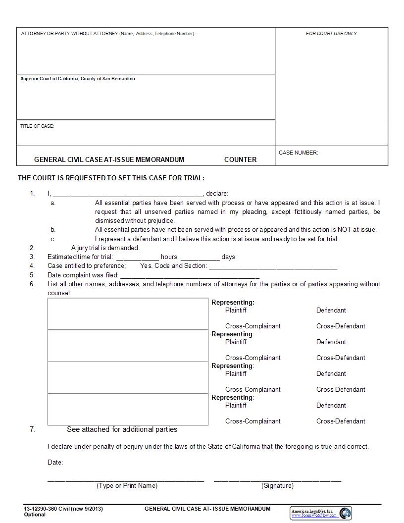General Civil Case At-Issue Memorandum {13-12390-360} | Pdf Fpdf Docx | California