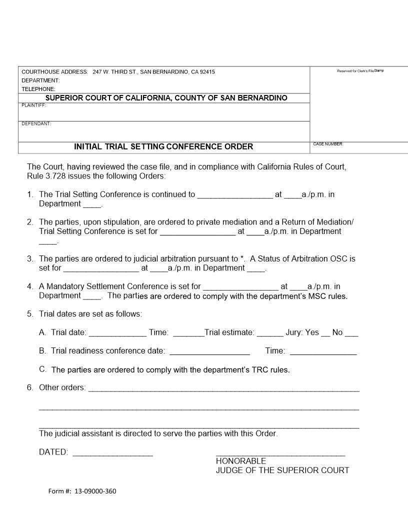 Initial Trial Setting Conference Order {13-09000-360} | Pdf Fpdf Docx | California