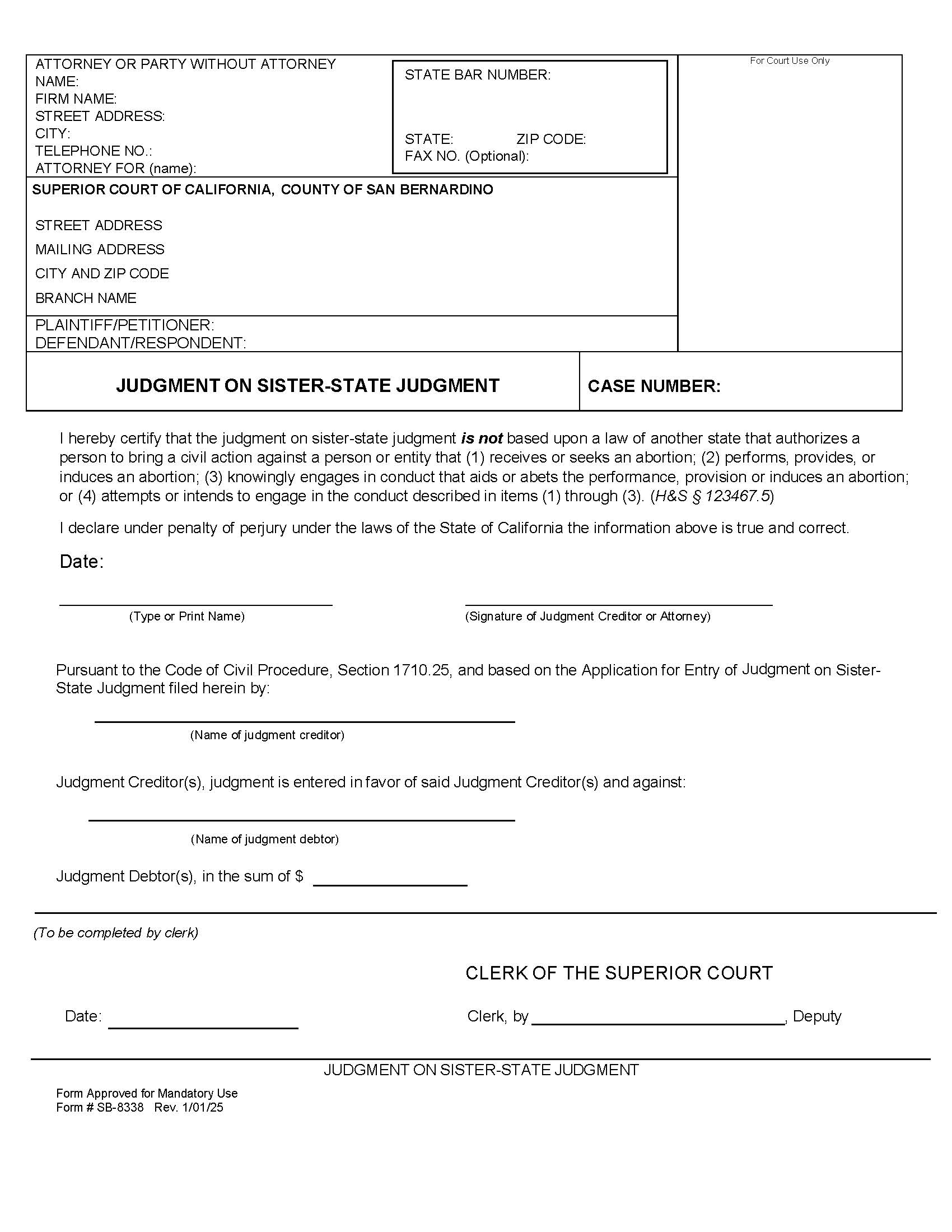 Judgment On Sister State Judgment {SB-8338} | Pdf Fpdf Docx | California