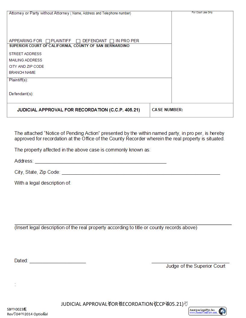 Judicial Approval For Recordation {SB-0023B} | Pdf Fpdf Docx | California