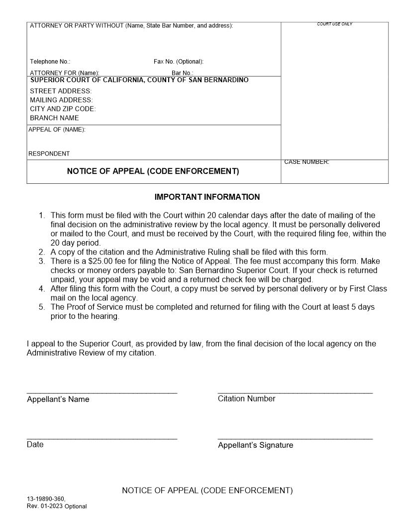 Notice Of Appeal (Code Enforcement) {13-19890-360} | Pdf Fpdf Docx | California