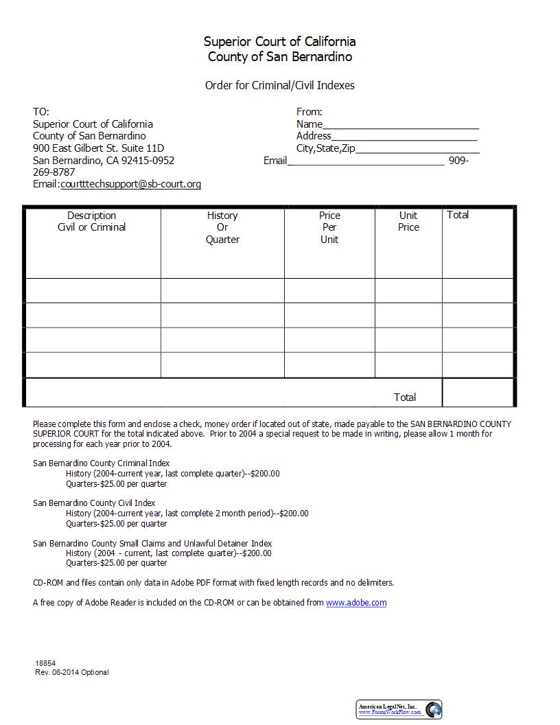 Order For Criminal-Civl Indexes {18854} | Pdf Fpdf Docx | California