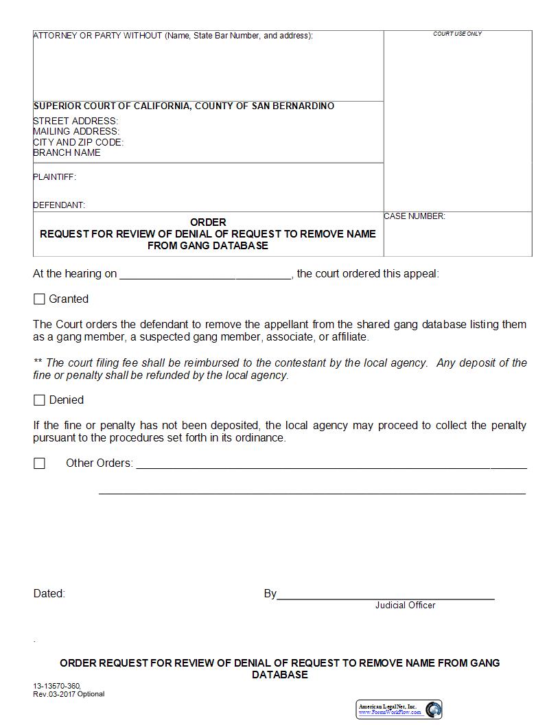 Order Request For Review Of Denial Of Request To Remove Name (13-13570-360} | Pdf Fpdf Docx | California