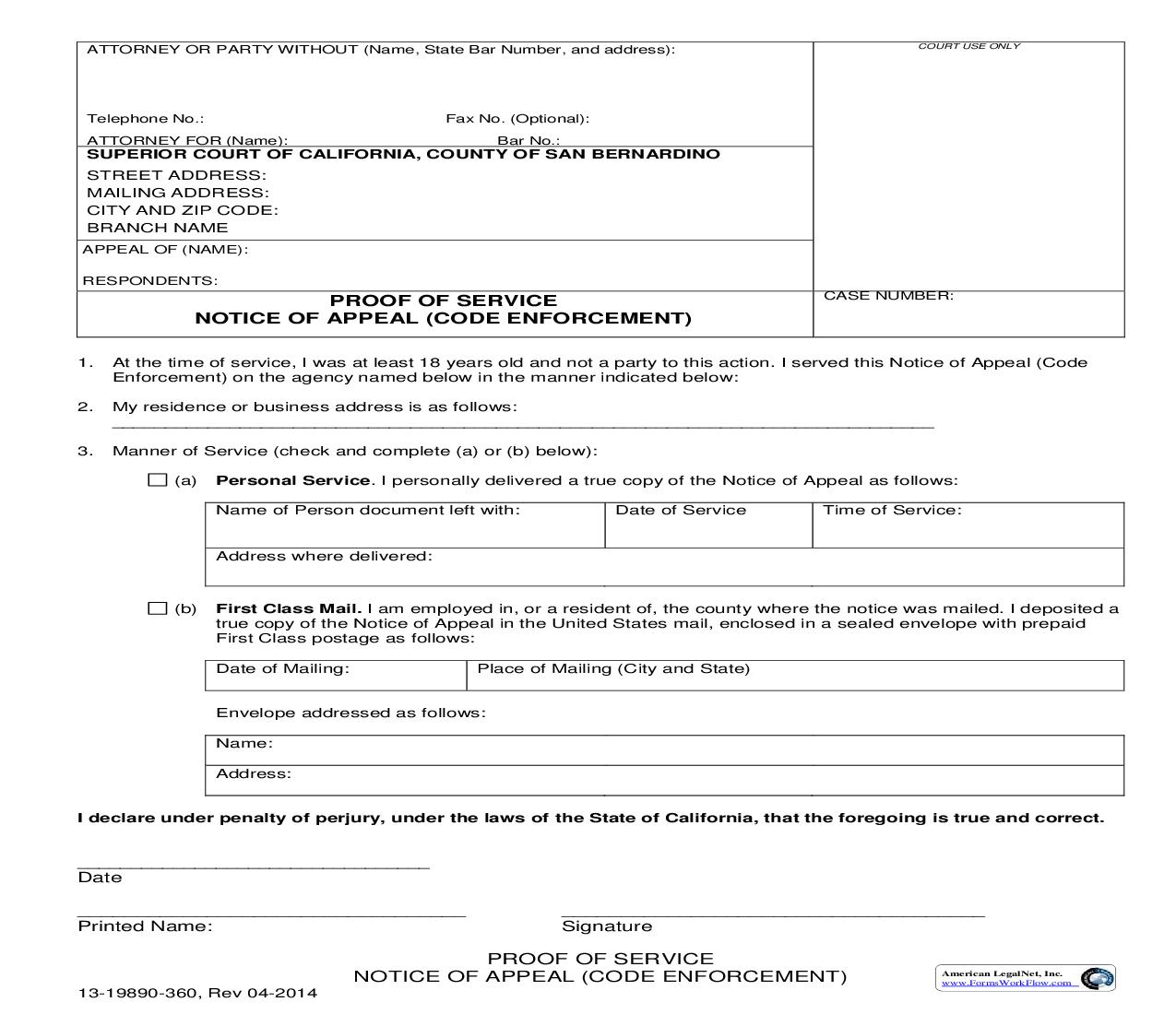 Proof Of Service Notice Of Appeal (Code Enforcement) {13-19890-360} | Pdf Fpdf Doc Docx | California