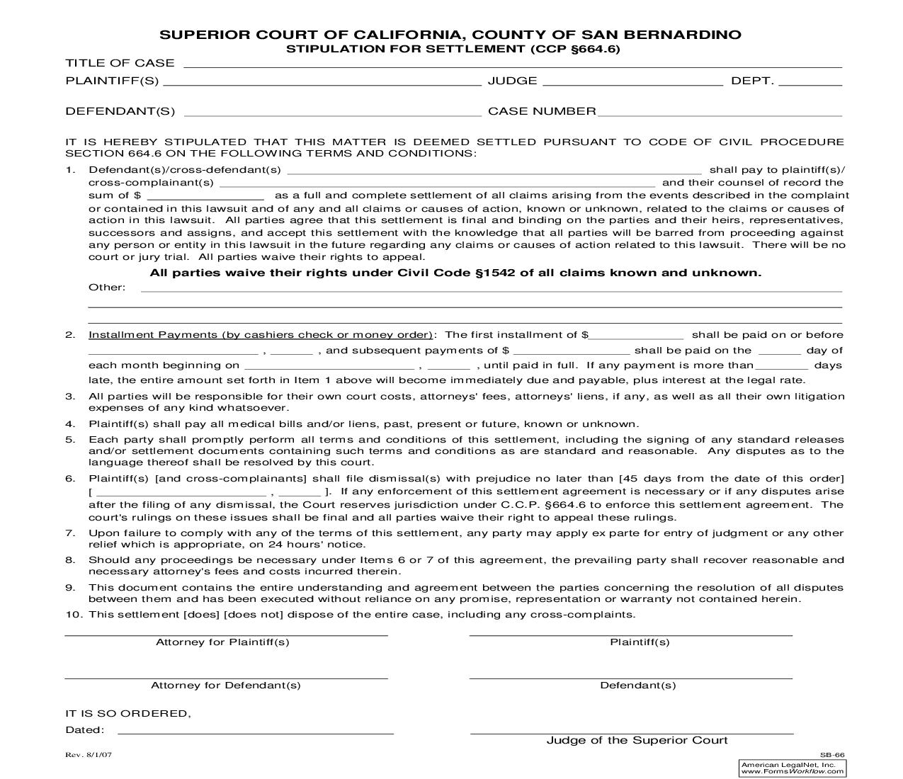 Stipulation For Settlement (CCP 664.6) {SB-66} | Pdf Fpdf Doc Docx | California