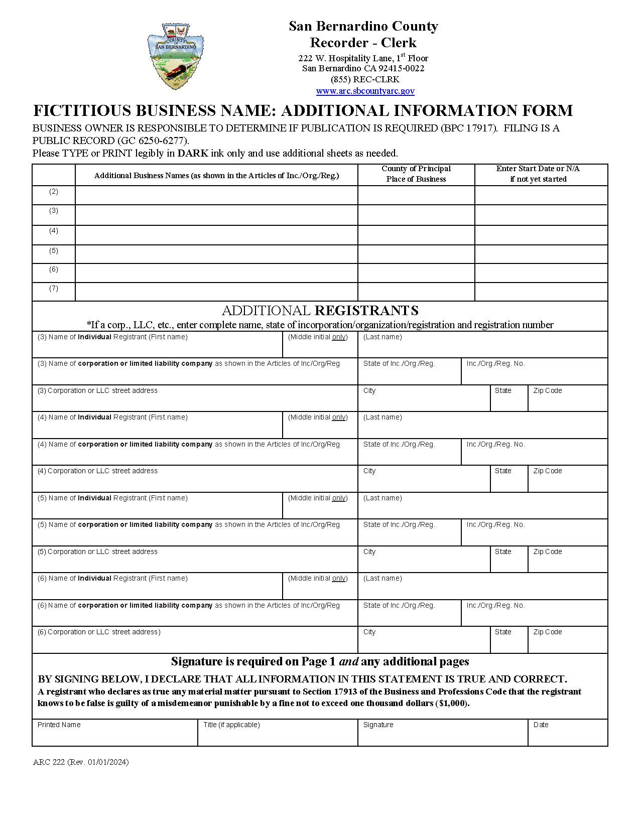 Fictitious Business Name Additional Information Form (San Bernardino) {ARC 222} | Pdf Fpdf Docx | California