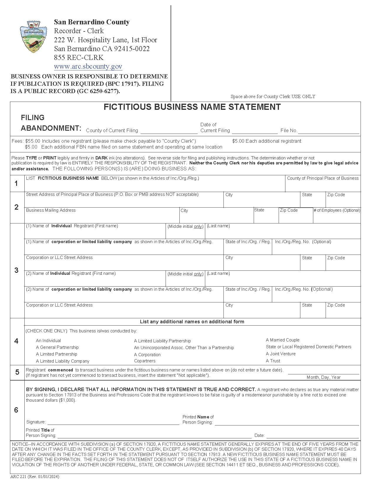 Fictitious Business Name Statement (San Bernardino) {ARC 221} | Pdf Fpdf Docx | California