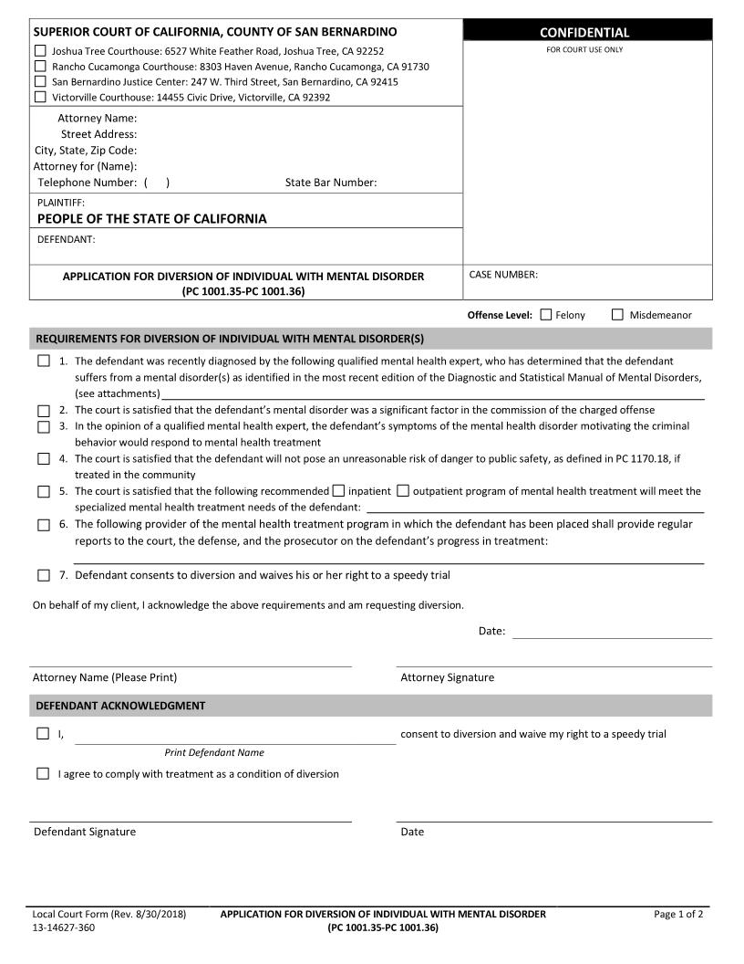 Application For Diversion Of Individual With Mental Disorder {13-14627-360} | Pdf Fpdf Docx | California