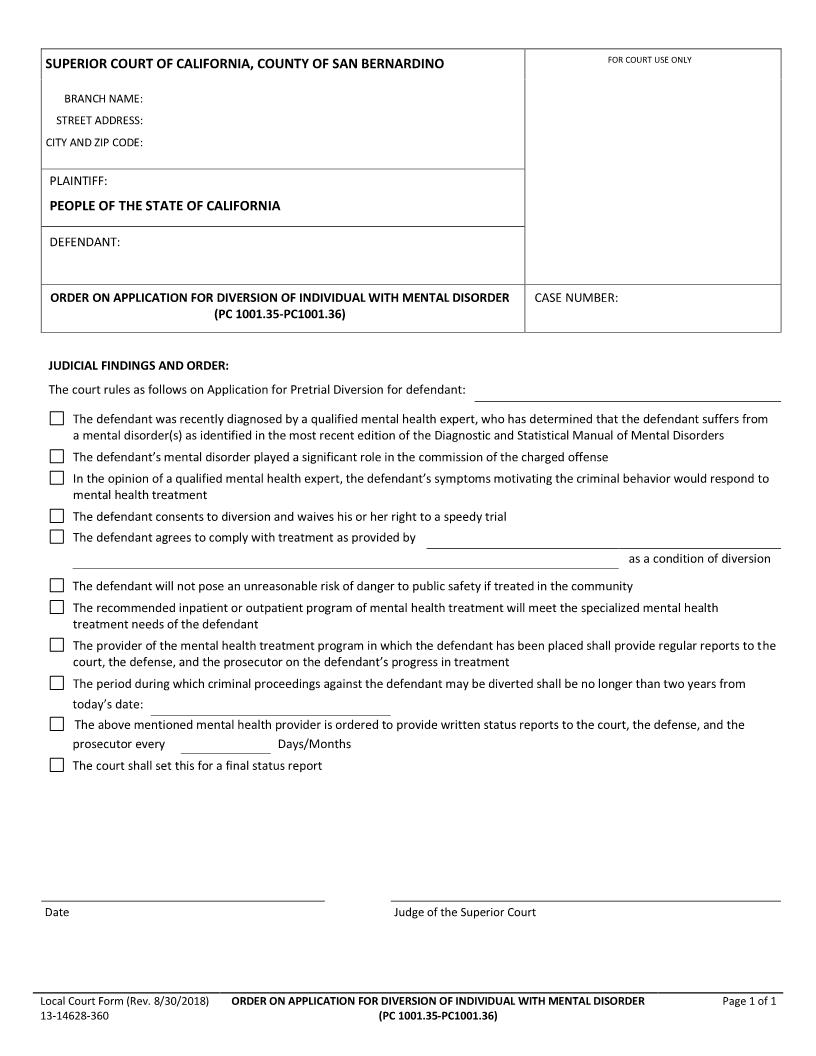 Order On Application For Diversion Of Individual With Mental Disorder {13-14628-360} | Pdf Fpdf Docx | California