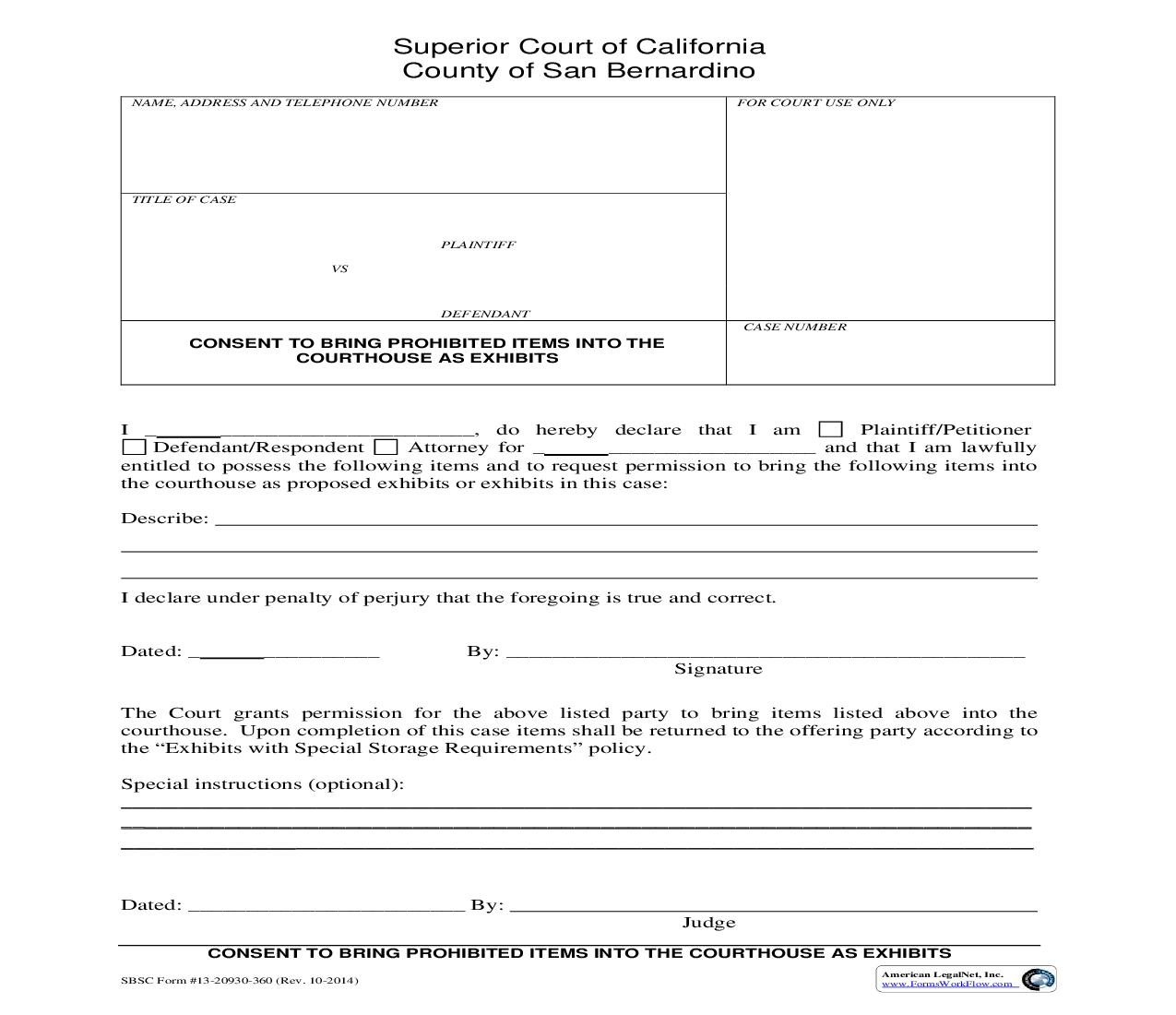 Consent To Bring Prohibited Items Into The Courthouse As Exhibits {13-20930-360) | Pdf Fpdf Doc Docx | California