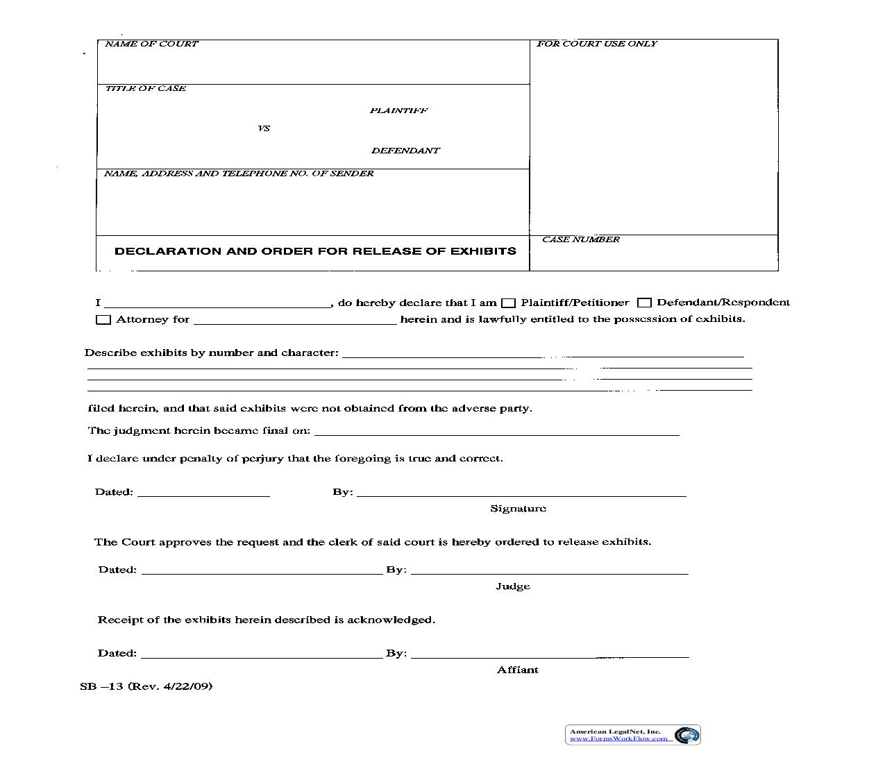 Declaration And Order For Release Of Exhibits {SB-13} | Pdf Fpdf Doc Docx | California