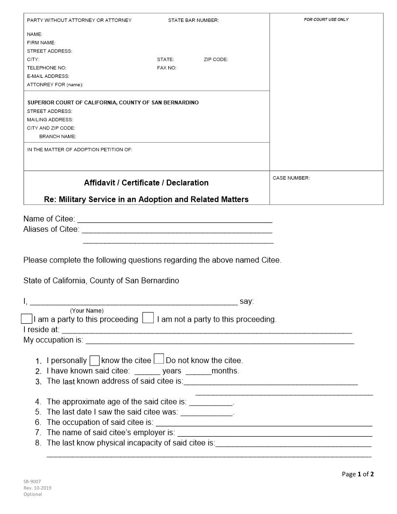 Affidavit-Certificate-Declaration Re Military Service In An Adoption And Related Matters {SB-9007} | Pdf Fpdf Docx | California