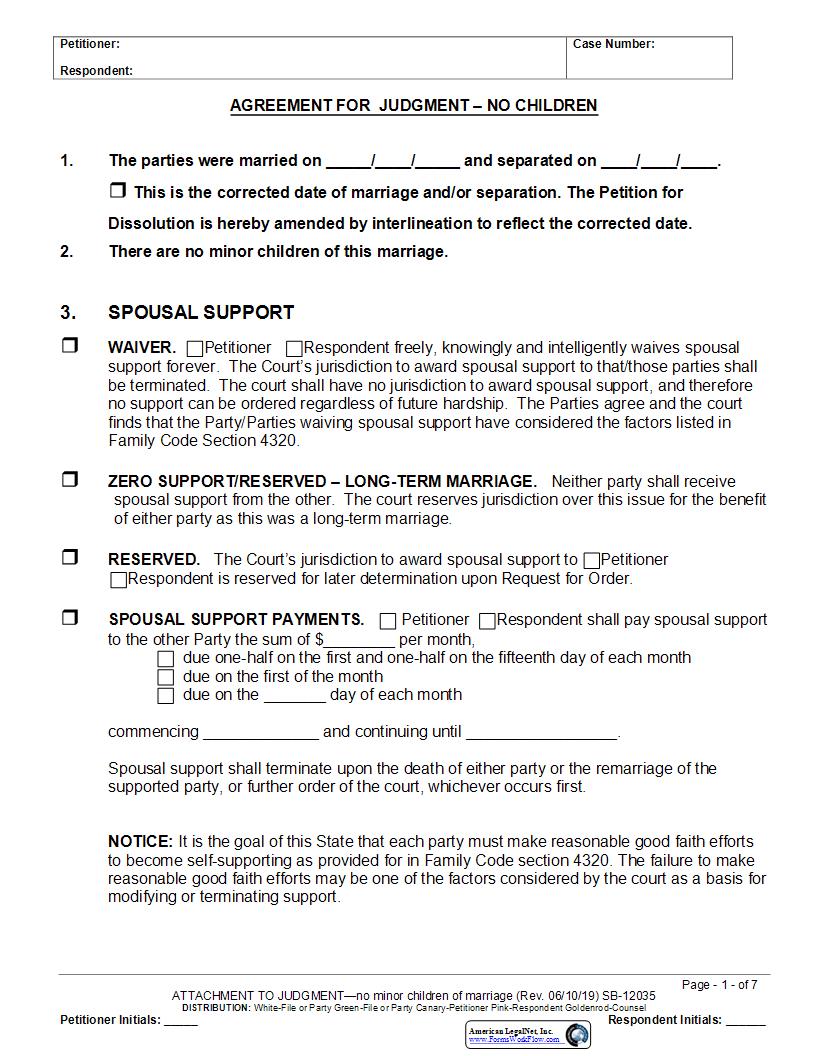 Agreement For Judgment (No Children) {SB-12035} | Pdf Fpdf Docx | California