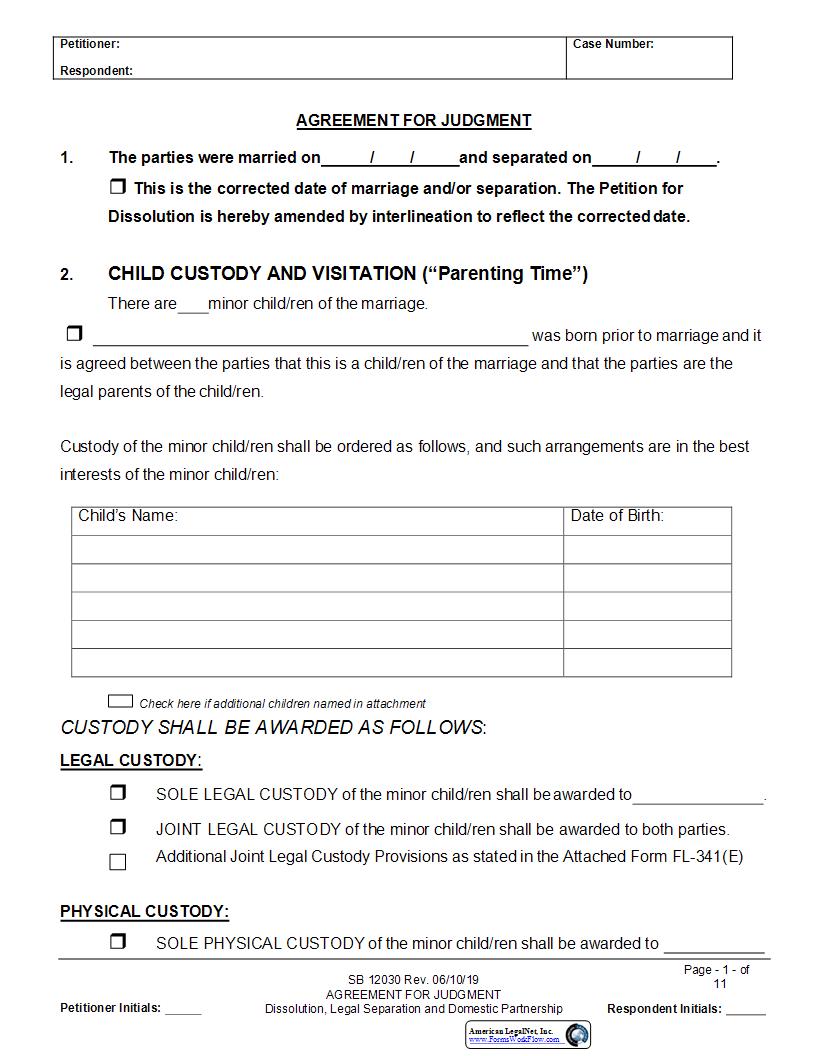 Agreement For Judgment (With Children) {SB-12030} | Pdf Fpdf Docx | California