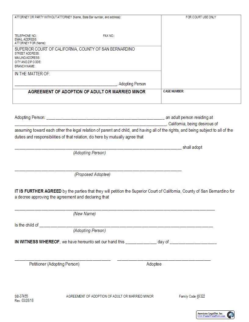 Agreement Of Adoption Of Adult Or Married Minor {SB-37455} | Pdf Fpdf Docx | California