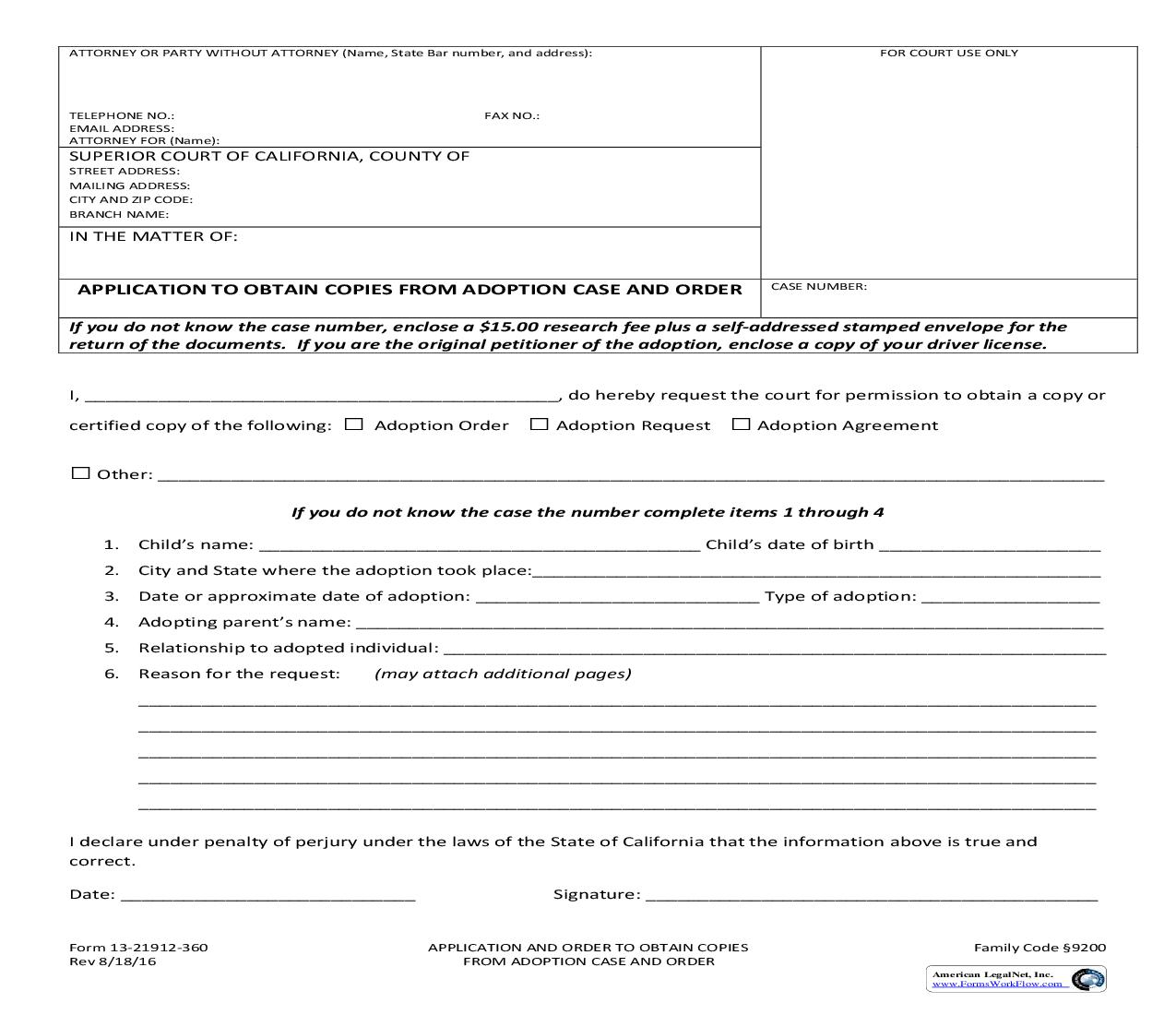 Application And Order To Obtain Copies From Adoption Case Order {13-21912-360} | Pdf Fpdf Doc Docx | California
