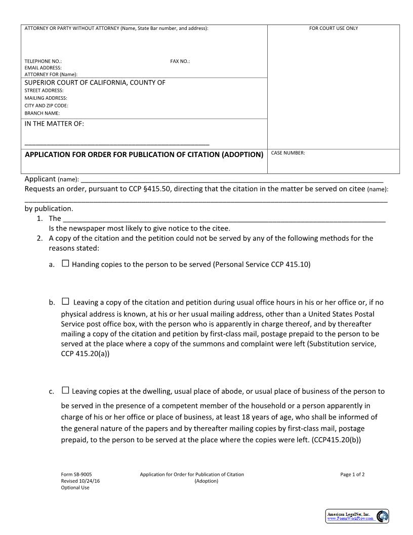 Application For Order For Publication Of Citation (Adoption) {SB-9005} | Pdf Fpdf Docx | California