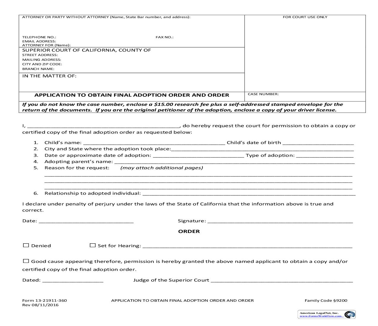 Application To Obtain Final Adoption Order And Order {13-21911-360} | Pdf Fpdf Doc Docx | California