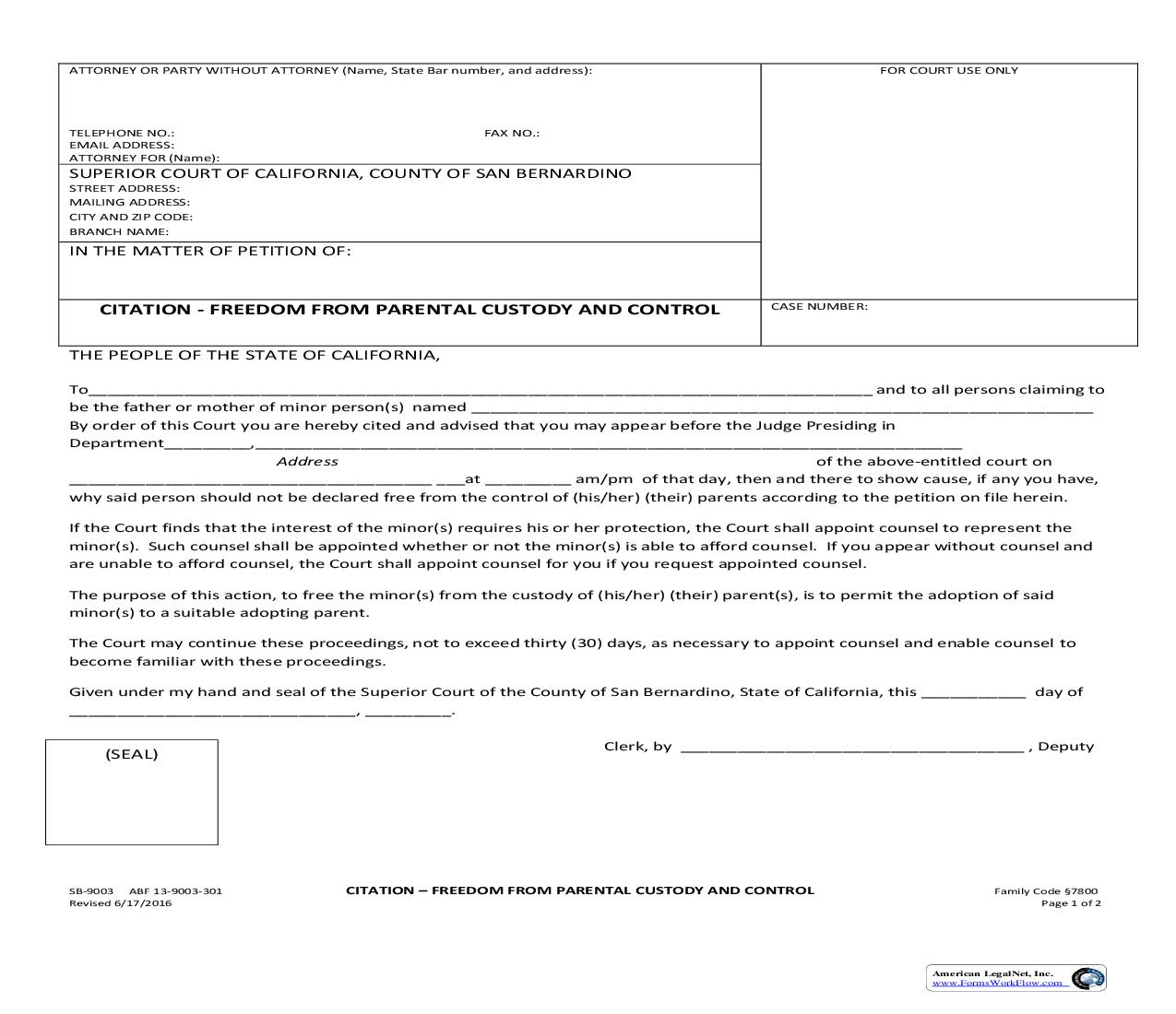 Citation-Freedom From Parental Custody And Control {SB-9003} | Pdf Fpdf Doc Docx | California