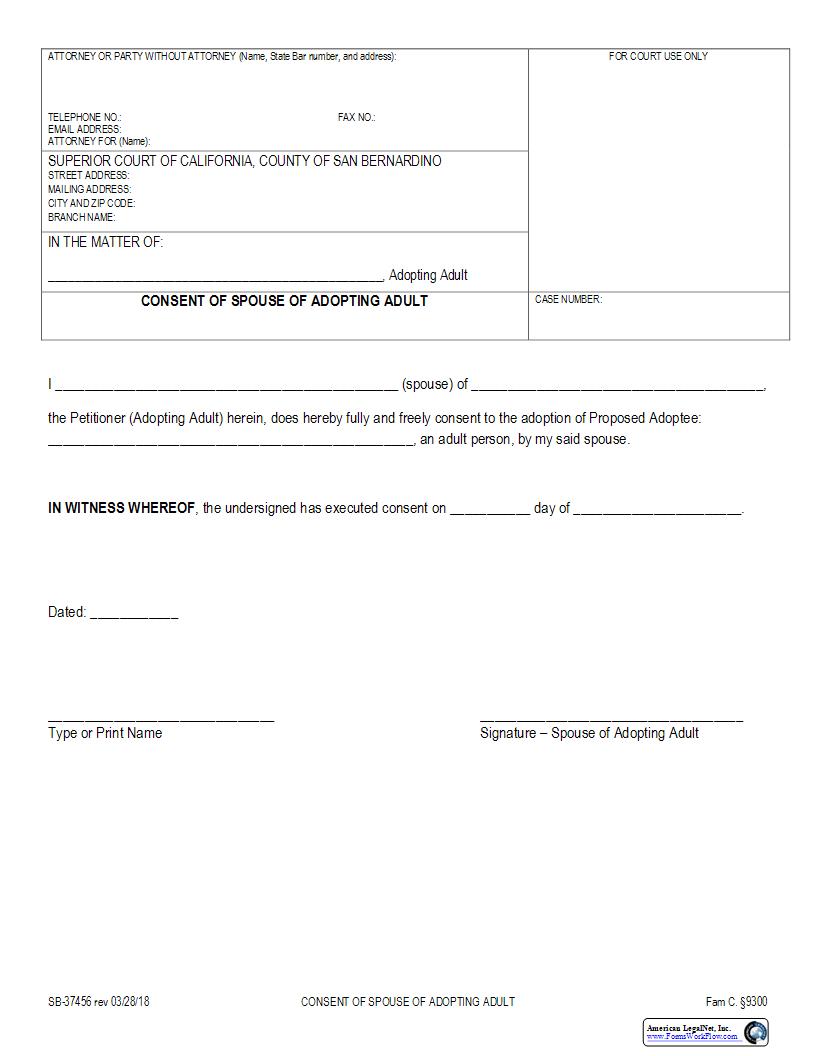 Consent Of Spouse Of Adopting Adult {SB-37456} | Pdf Fpdf Docx | California