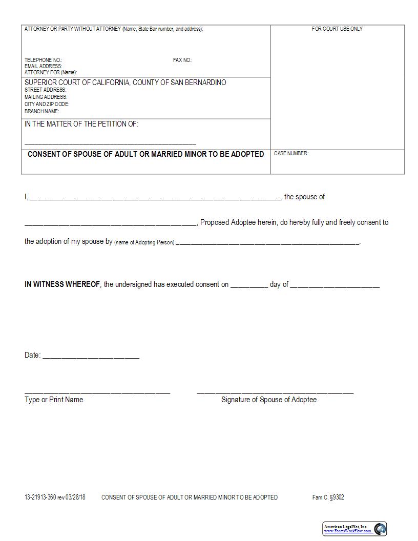 Consent Of Spouse Of Adult Or Married Minor To Be Adopted {13-21913-360} | Pdf Fpdf Docx | California