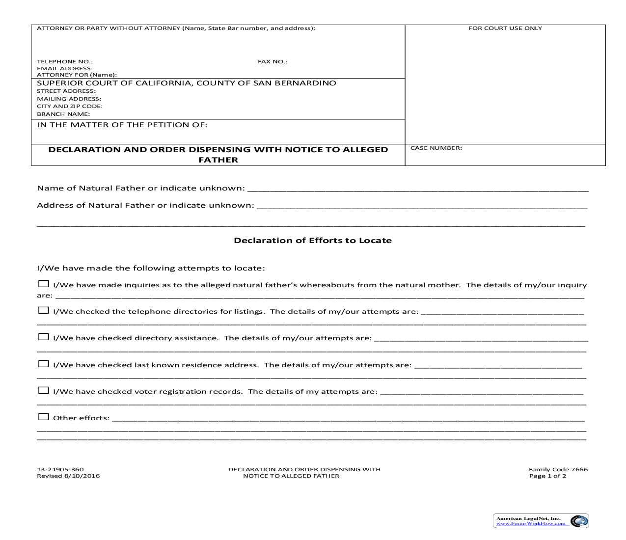 Declaration And Order Dispensing With Notice To Alleged Father {13-21905-360} | Pdf Fpdf Doc Docx | California