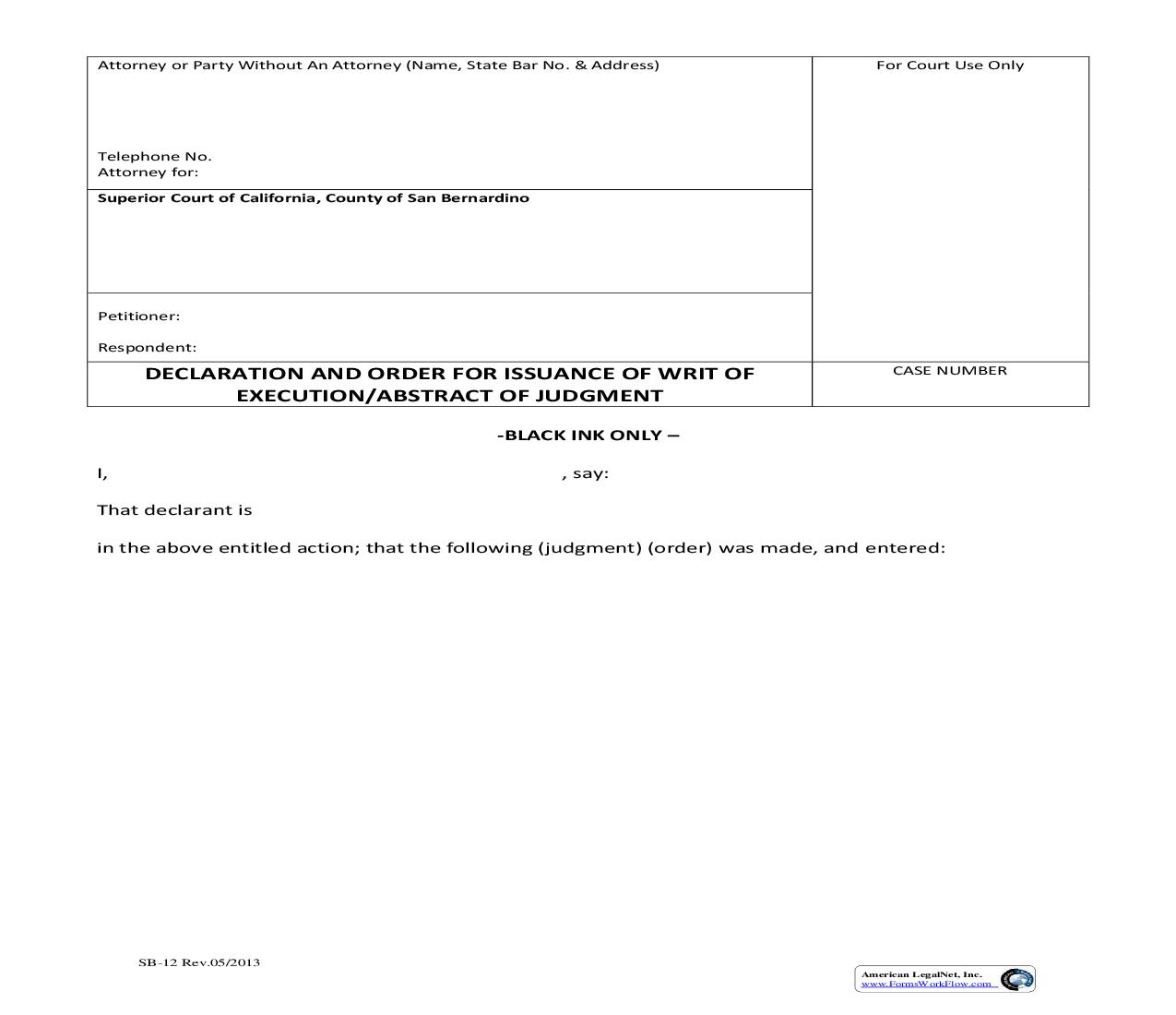 Declaration And Order For Issuance Of Writ Of Execution-Abstract Of Judgment {SB-12} | Pdf Fpdf Doc Docx | California