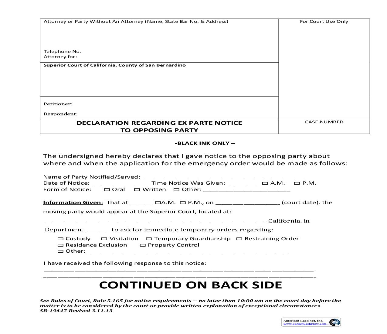 Declaration Regarding Ex Parte Notice {SB-19447} | Pdf Fpdf Doc Docx | California