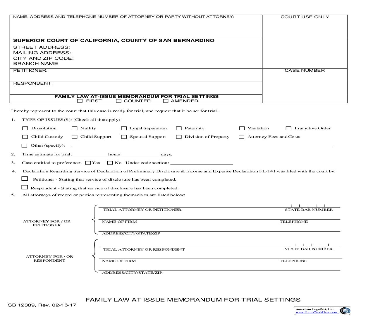 Family Law At Issue Memorandum {SB-12389} | Pdf Fpdf Doc Docx | California