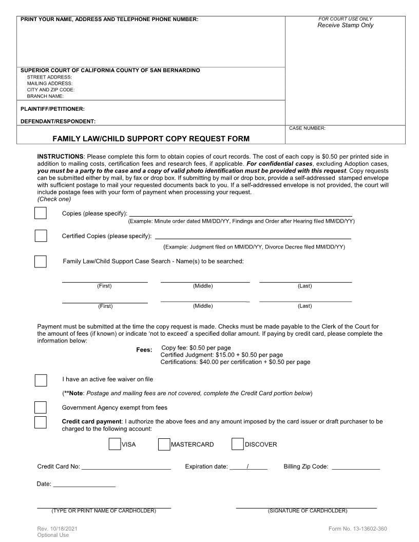 Family Law-Child Support Copy Request Form {13-13602-360} | Pdf Fpdf Docx | California