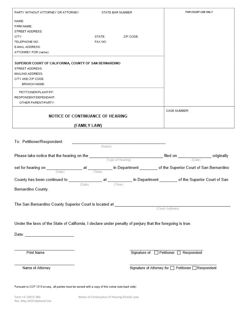 Notice Of Continuance Of Hearing (Family Law) {13-14015-360} | Pdf Fpdf Docx | California