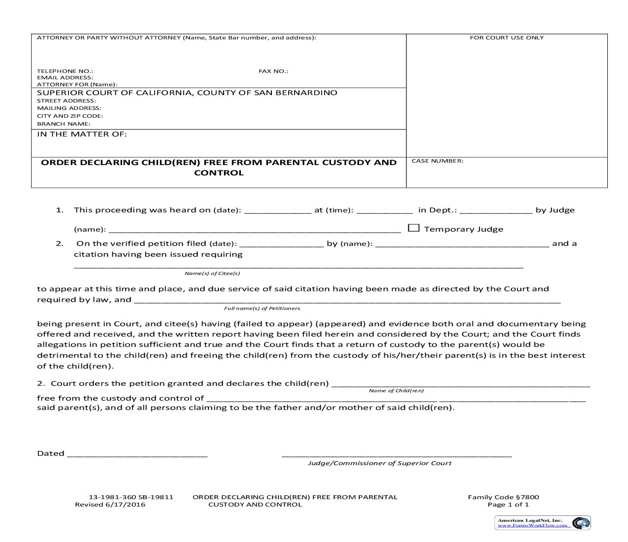 Order Declaring Child(ren) Free From Parental Custody And Control {SB-19811} | Pdf Fpdf Doc Docx | California