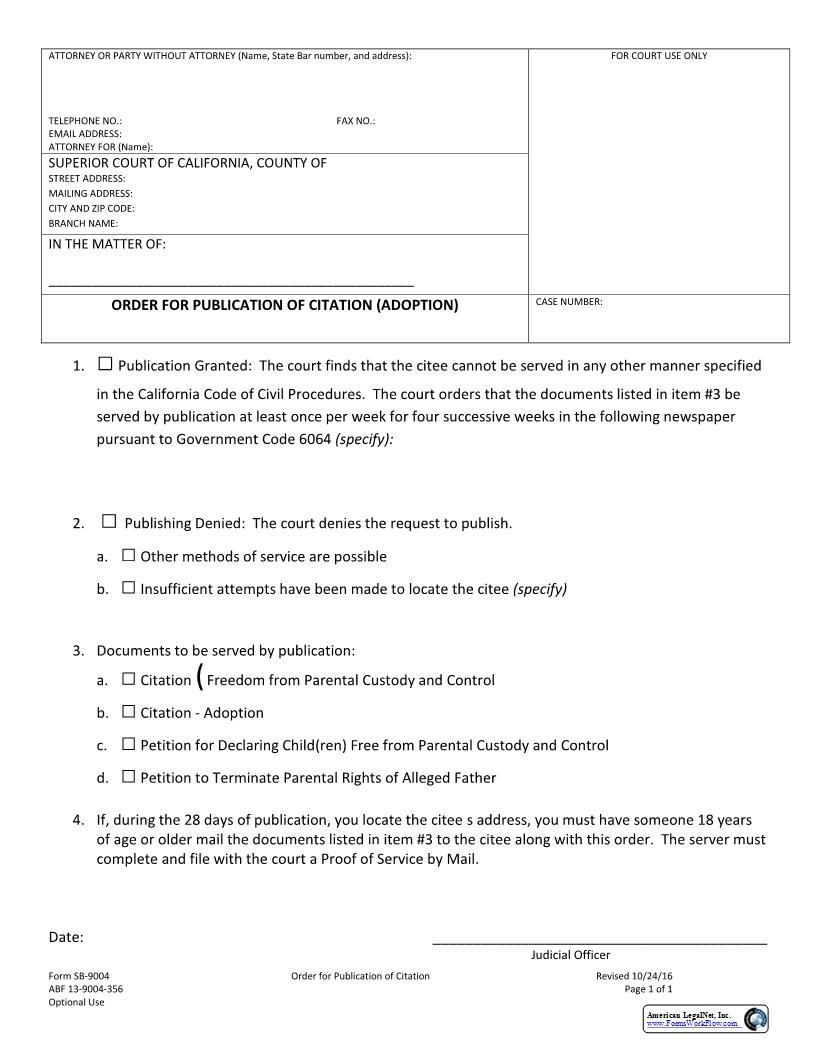 Order For Publication Of Citation (Adoption) {SB-9004} | Pdf Fpdf Docx | California