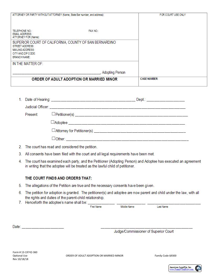 Order Of Adult Adoption Or Married Minor {13-19742-360} | Pdf Fpdf Docx | California