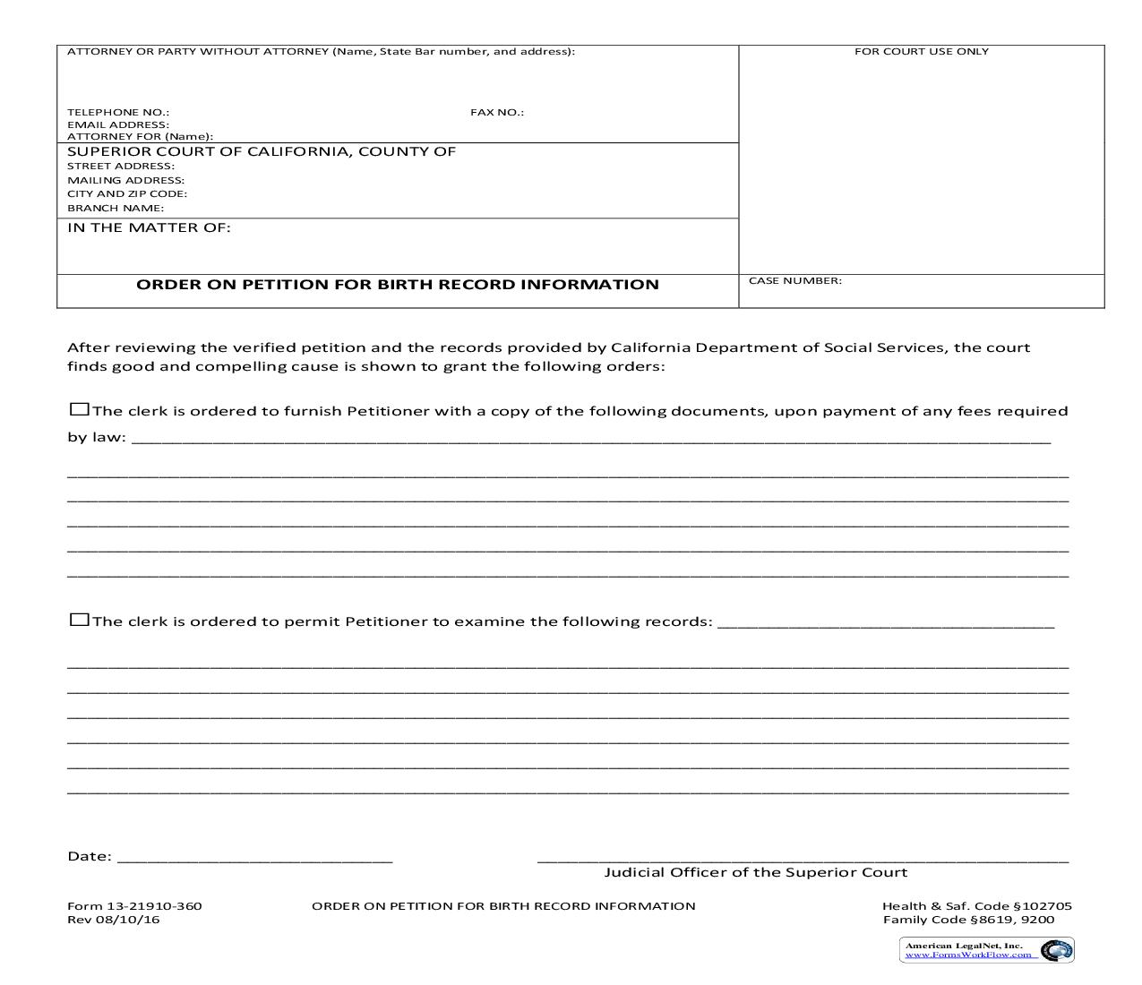 Order On Petition For Birth Record Information {13-21910-360} | Pdf Fpdf Doc Docx | California
