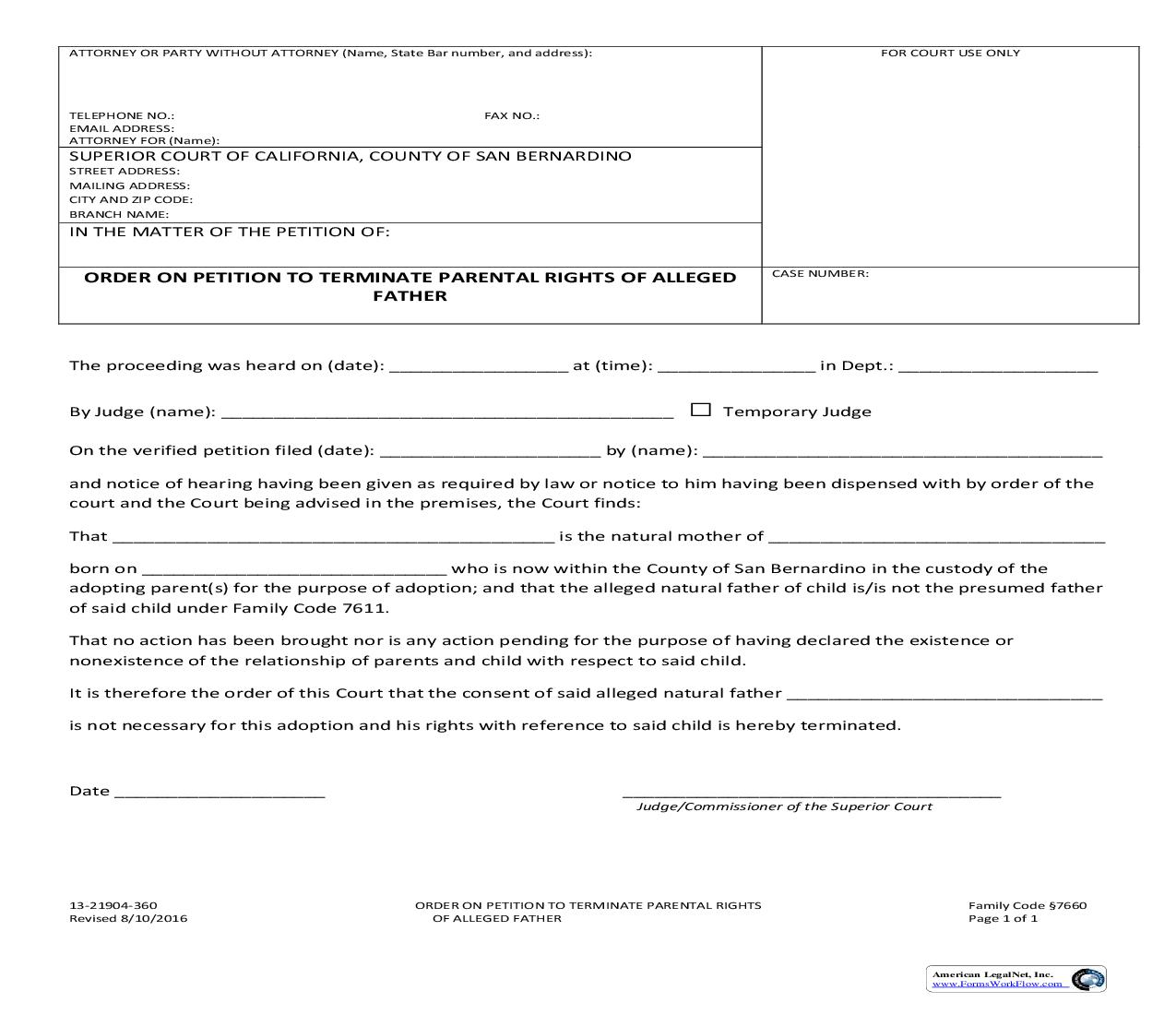 Order On Petition To Terminate Parental Rights Of Alleged Father {13-21904-360} | Pdf Fpdf Doc Docx | California